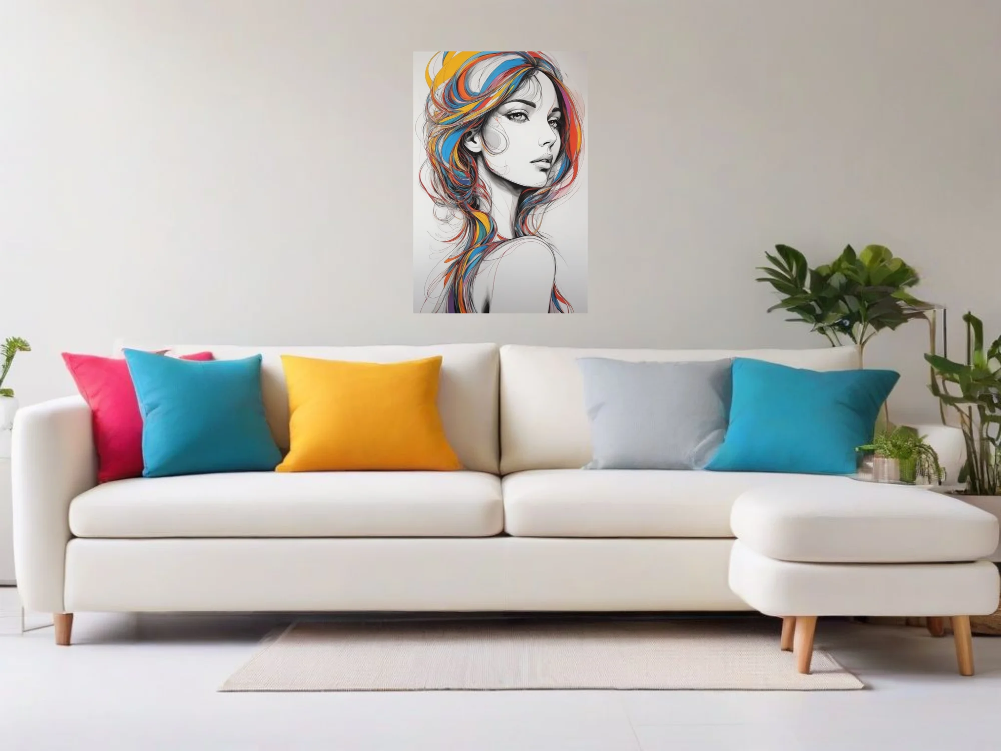 Graphic line-art woman portrait with vivid multicolor flowing hair, bold ink-style
