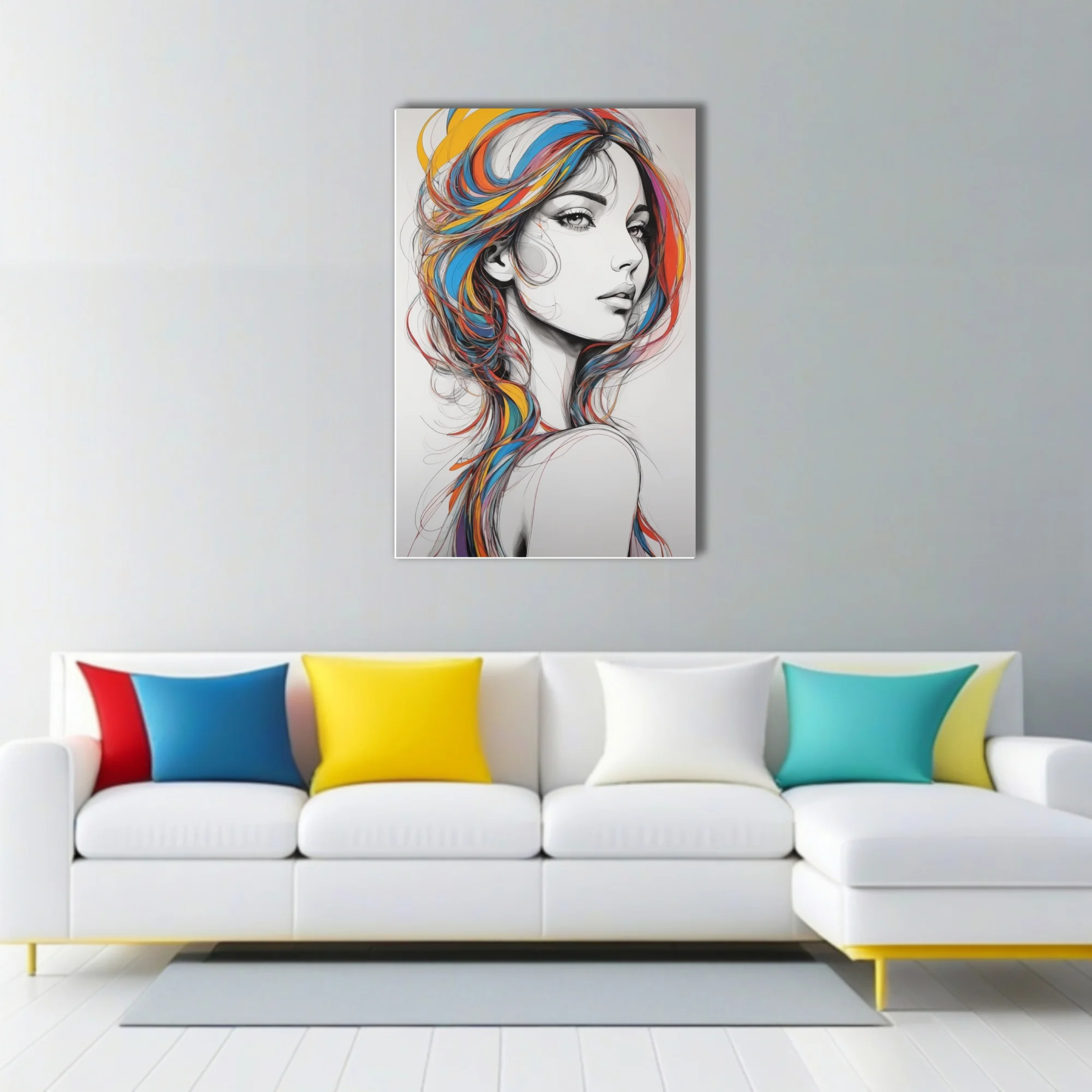 Graphic line-art woman portrait with vivid multicolor flowing hair, bold ink-style