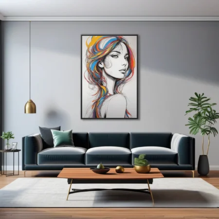 Graphic line-art woman portrait with vivid multicolor flowing hair, bold ink-style