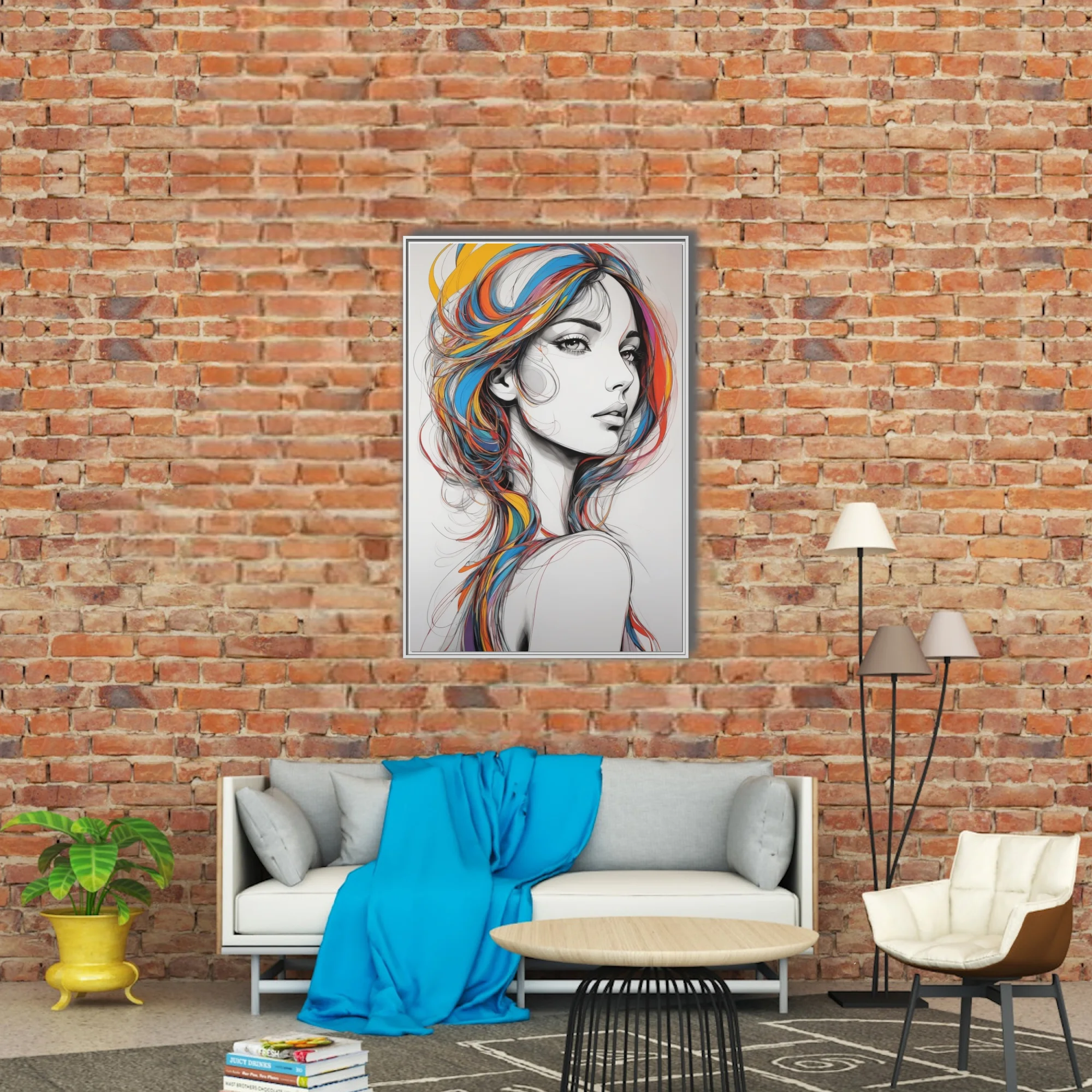 Graphic line-art woman portrait with vivid multicolor flowing hair, bold ink-style