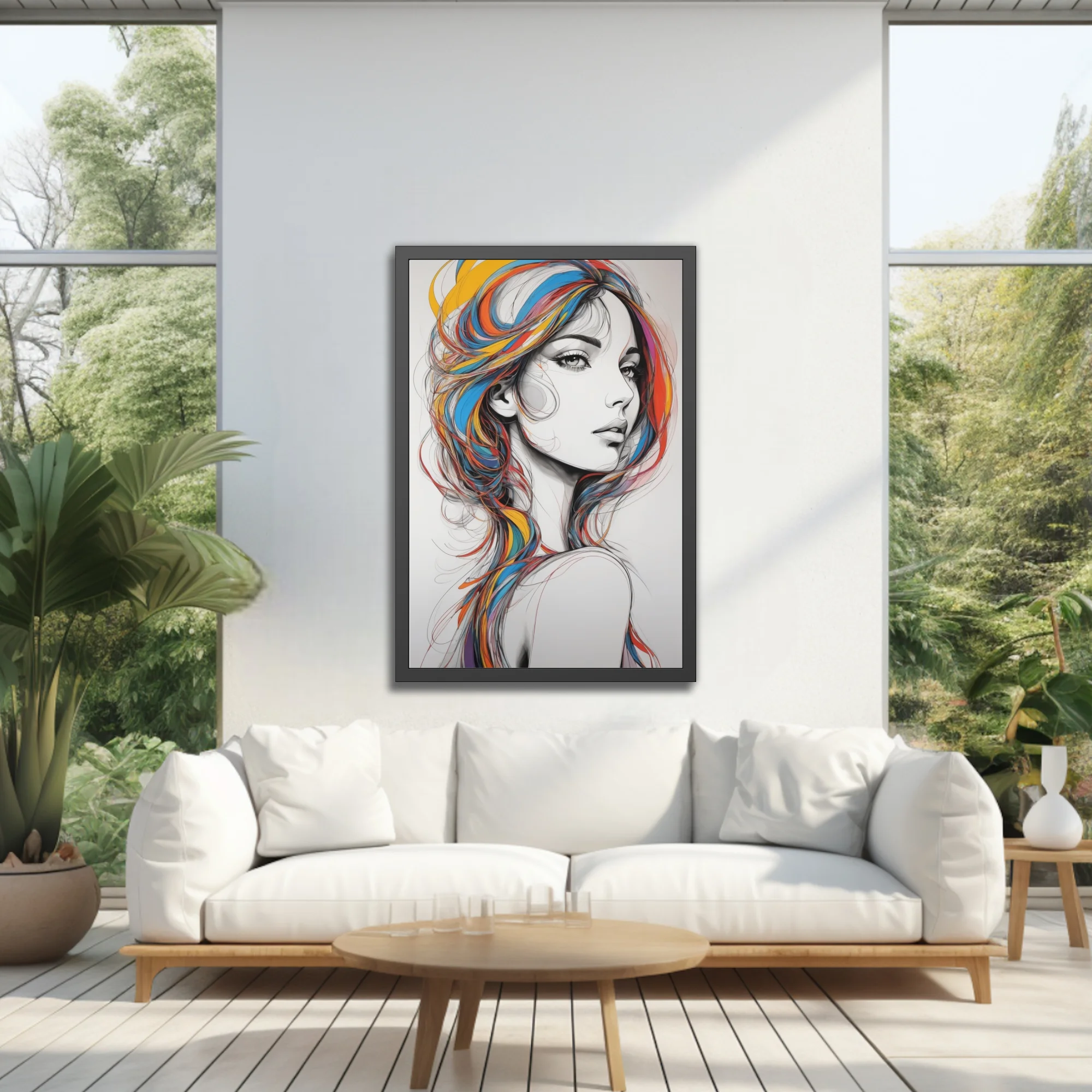 Graphic line-art woman portrait with vivid multicolor flowing hair, bold ink-style