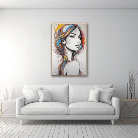 Graphic line-art woman portrait with vivid multicolor flowing hair, bold ink-style