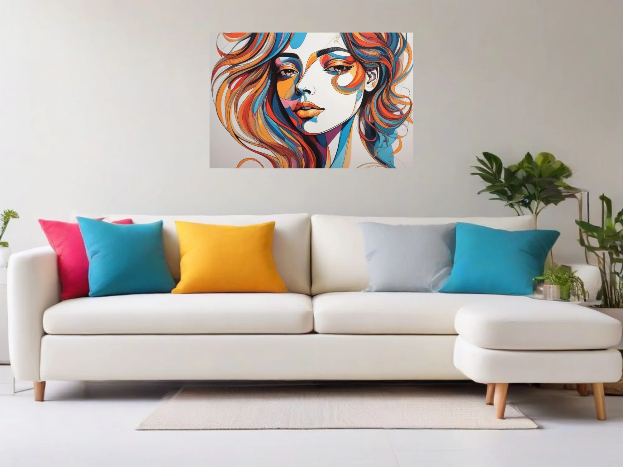 Abstract colorful line-art woman portrait in bold orange, teal, and red swirling strokes