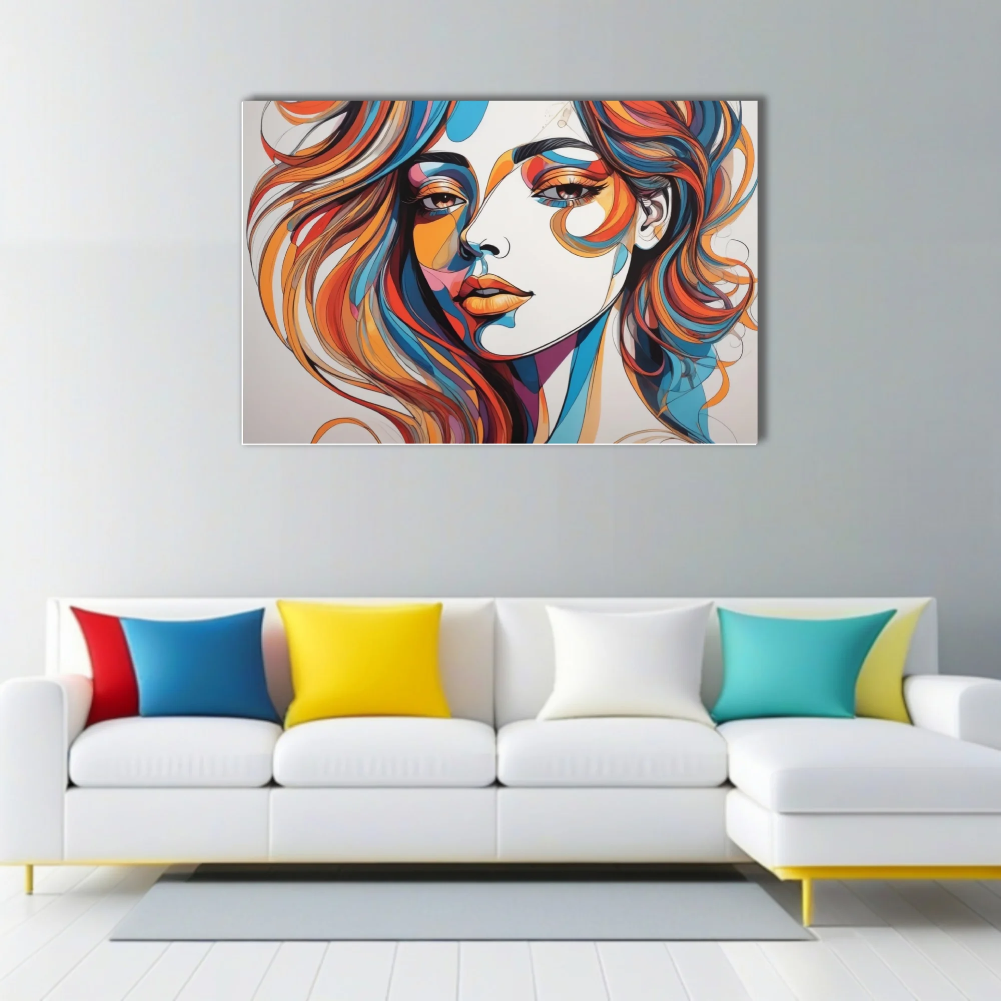 Abstract colorful line-art woman portrait in bold orange, teal, and red swirling strokes