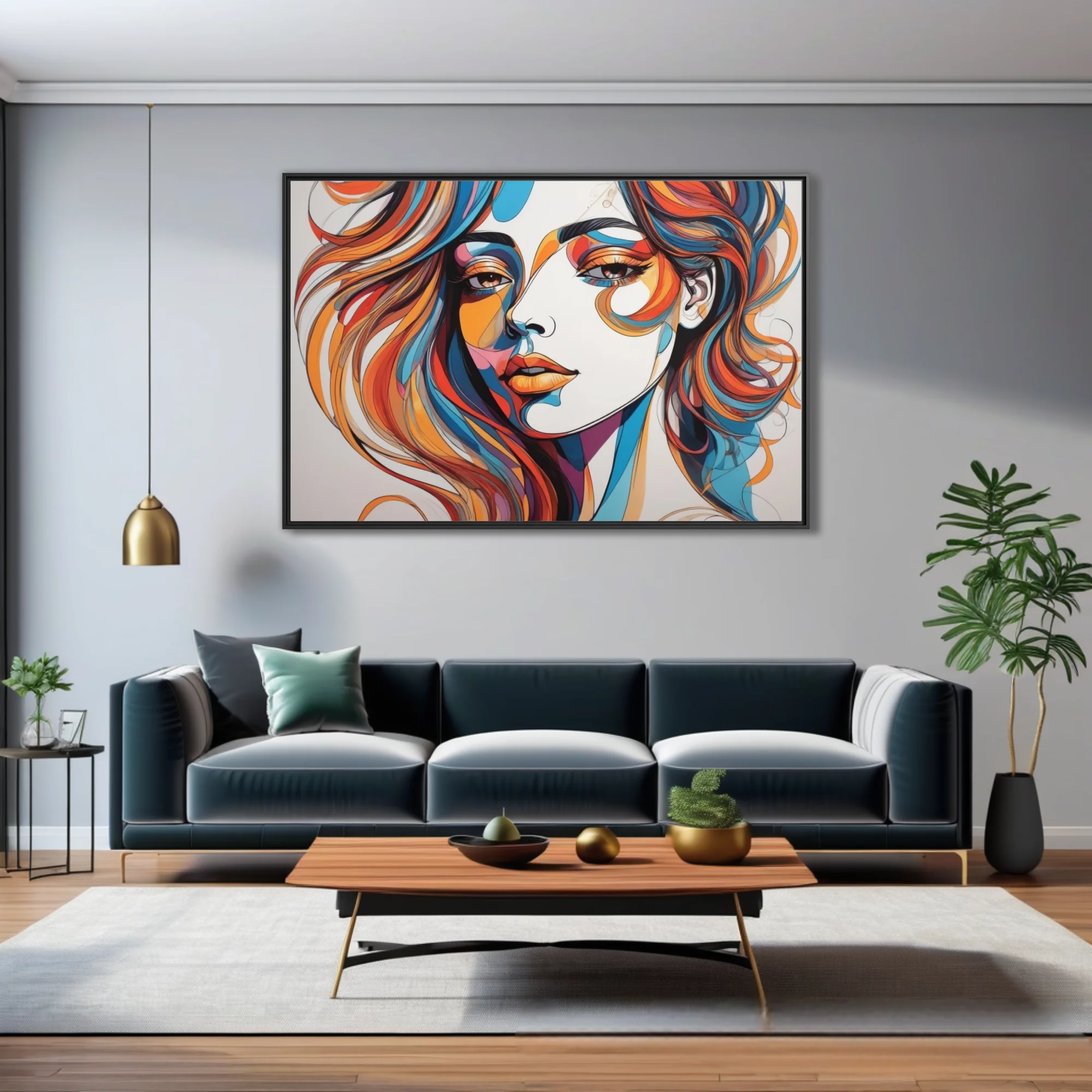 Abstract colorful line-art woman portrait in bold orange, teal, and red swirling strokes