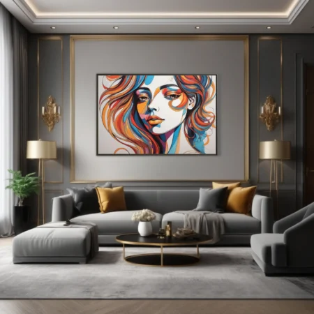 Abstract colorful line-art woman portrait in bold orange, teal, and red swirling strokes