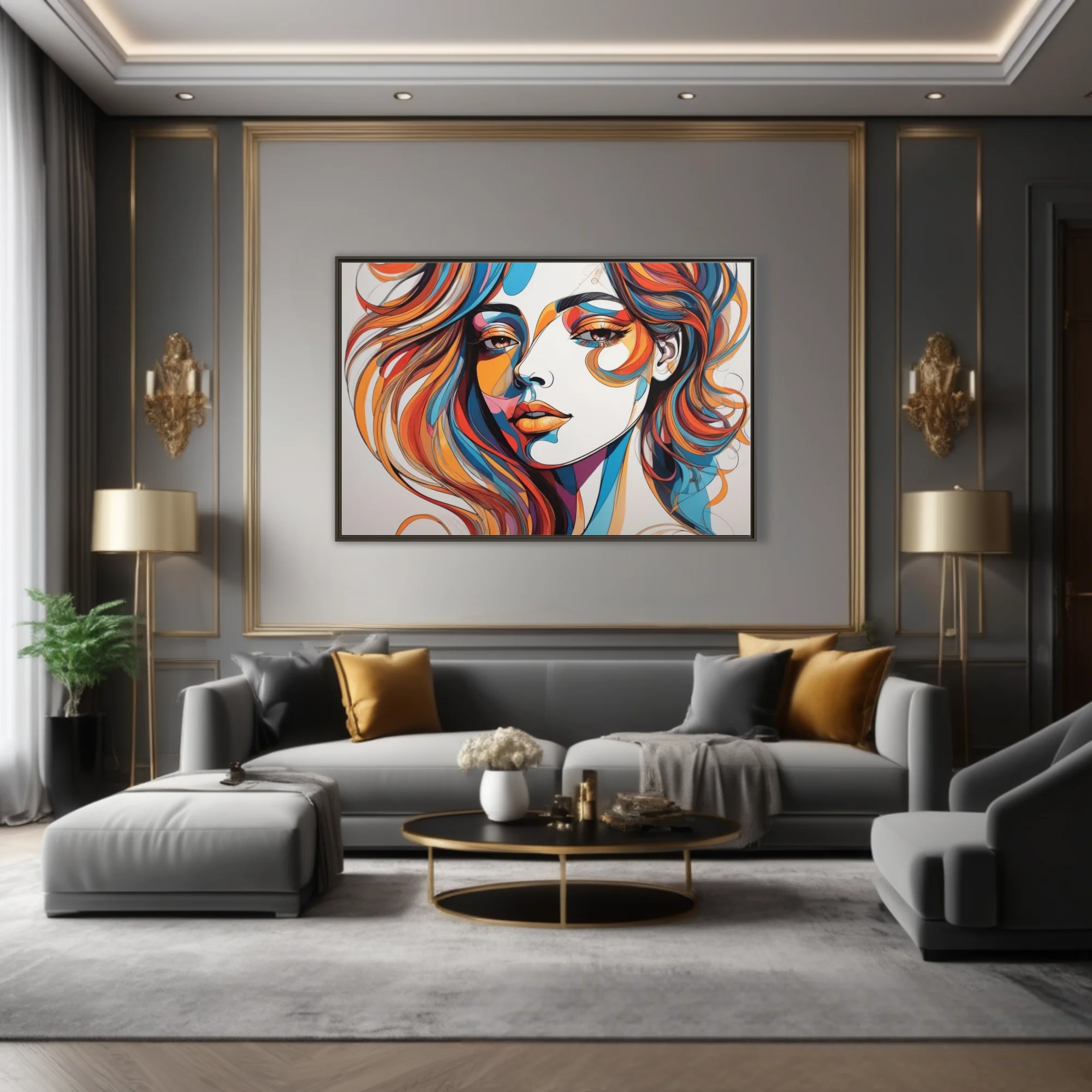 Abstract colorful line-art woman portrait in bold orange, teal, and red swirling strokes