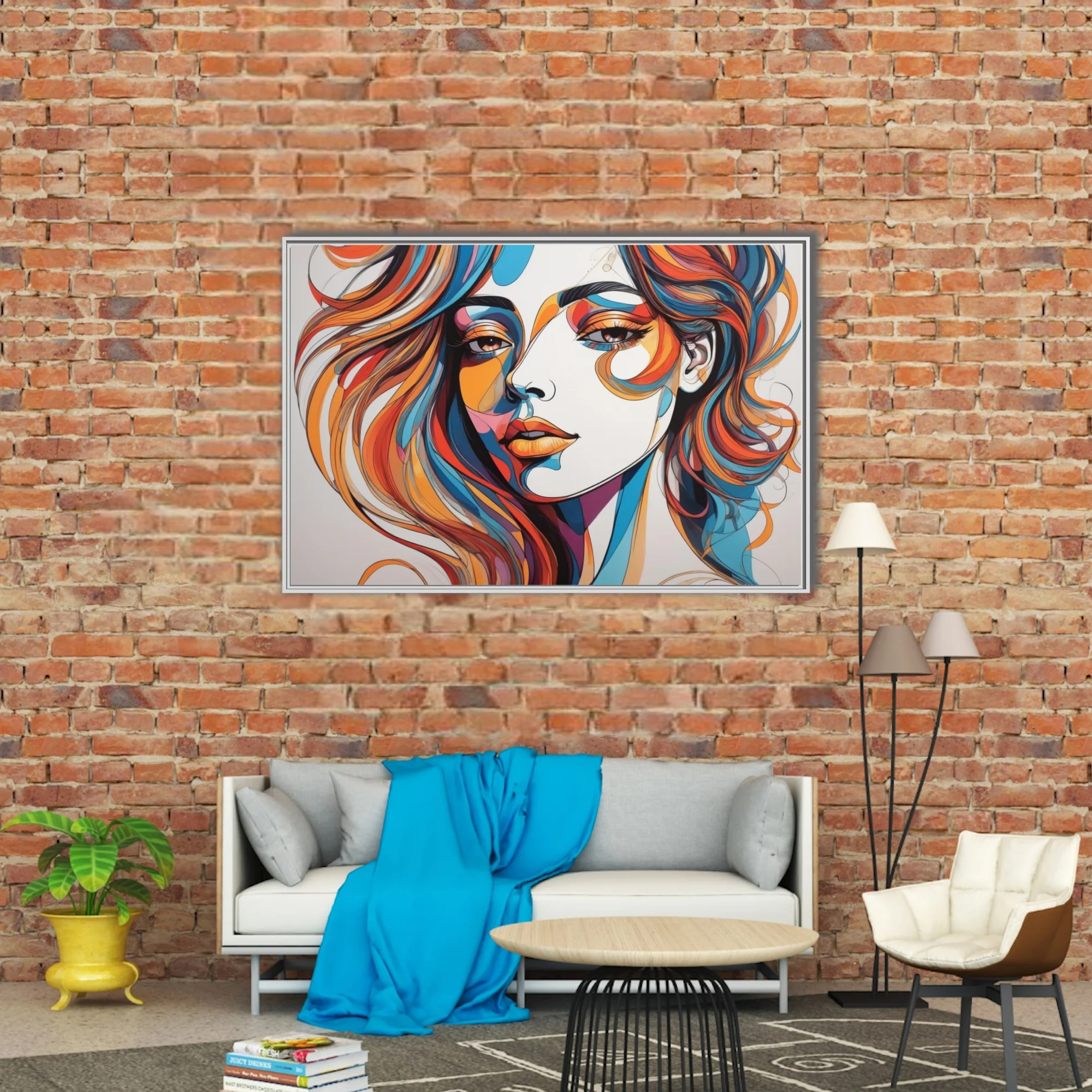 Abstract colorful line-art woman portrait in bold orange, teal, and red swirling strokes