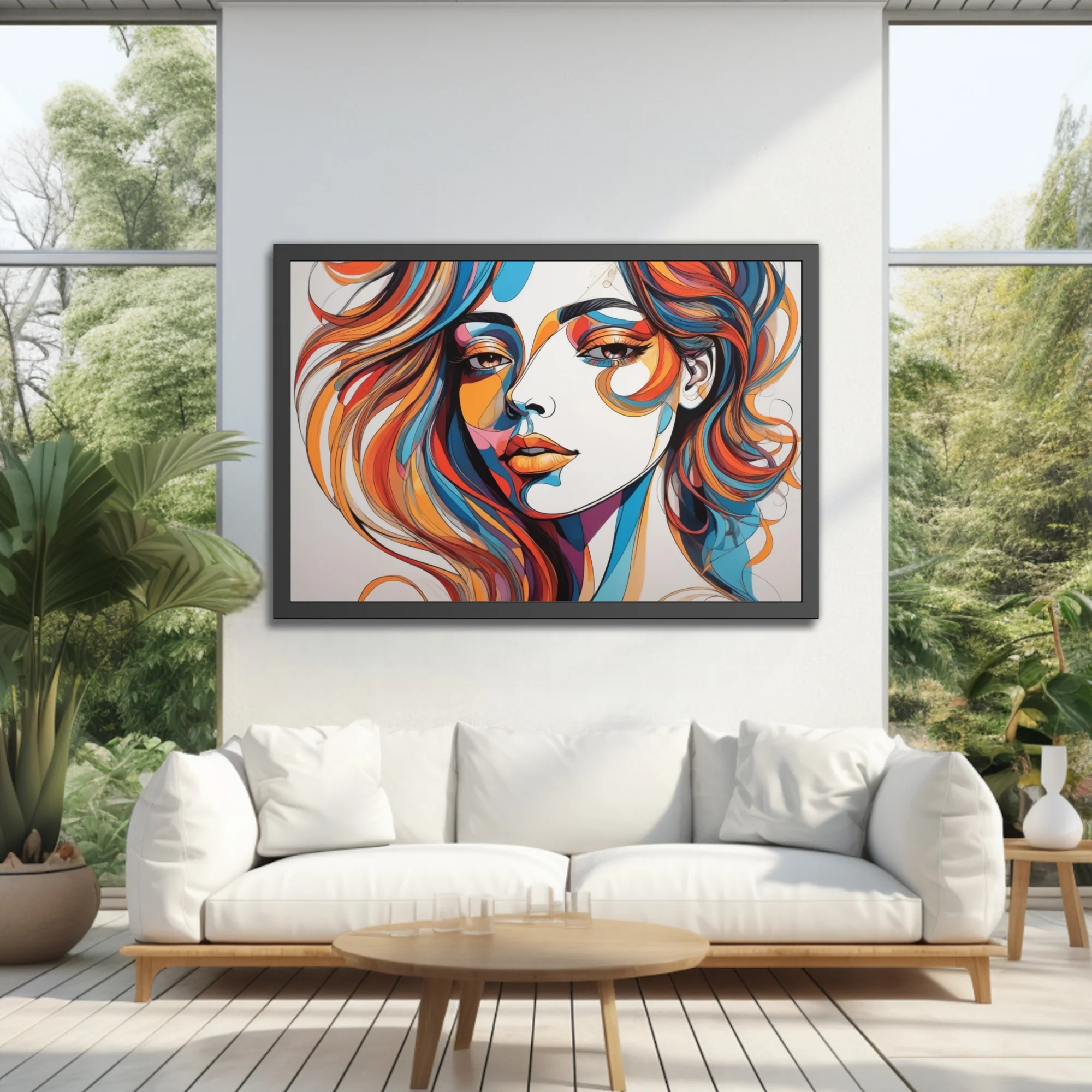 Abstract colorful line-art woman portrait in bold orange, teal, and red swirling strokes