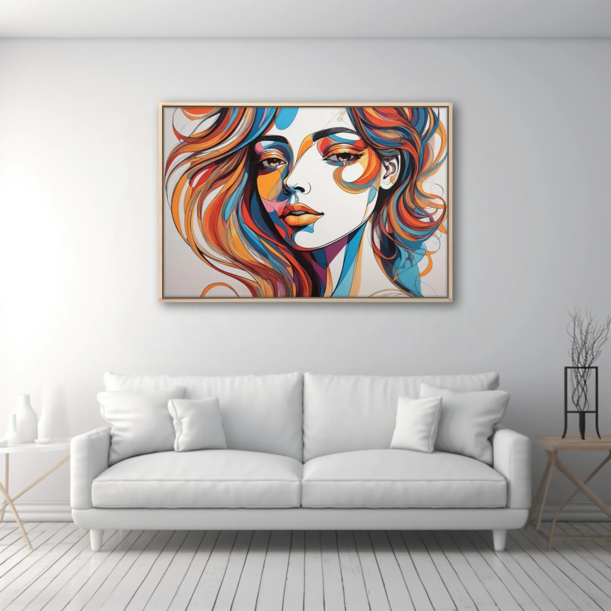 Abstract colorful line-art woman portrait in bold orange, teal, and red swirling strokes