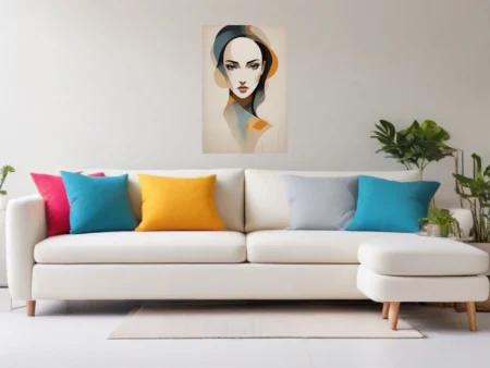 Mid-century modern abstract female portrait in teal, orange, and ivory tones