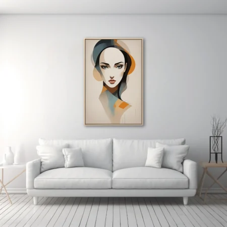 Mid-century modern abstract female portrait in teal, orange, and ivory tones