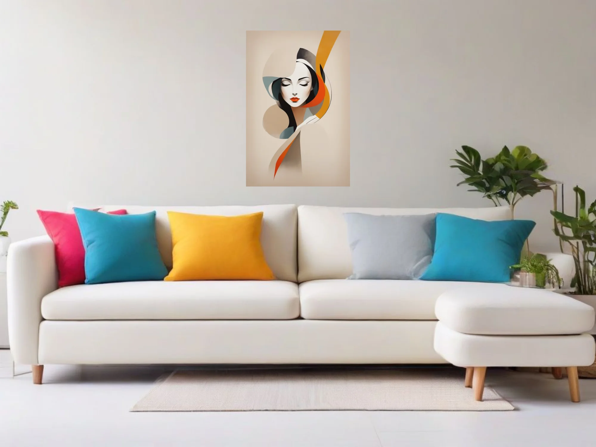 Mid-century modern abstract female portrait with bold orange and teal ribbon forms