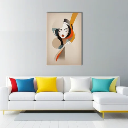 Mid-century modern abstract female portrait with bold orange and teal ribbon forms