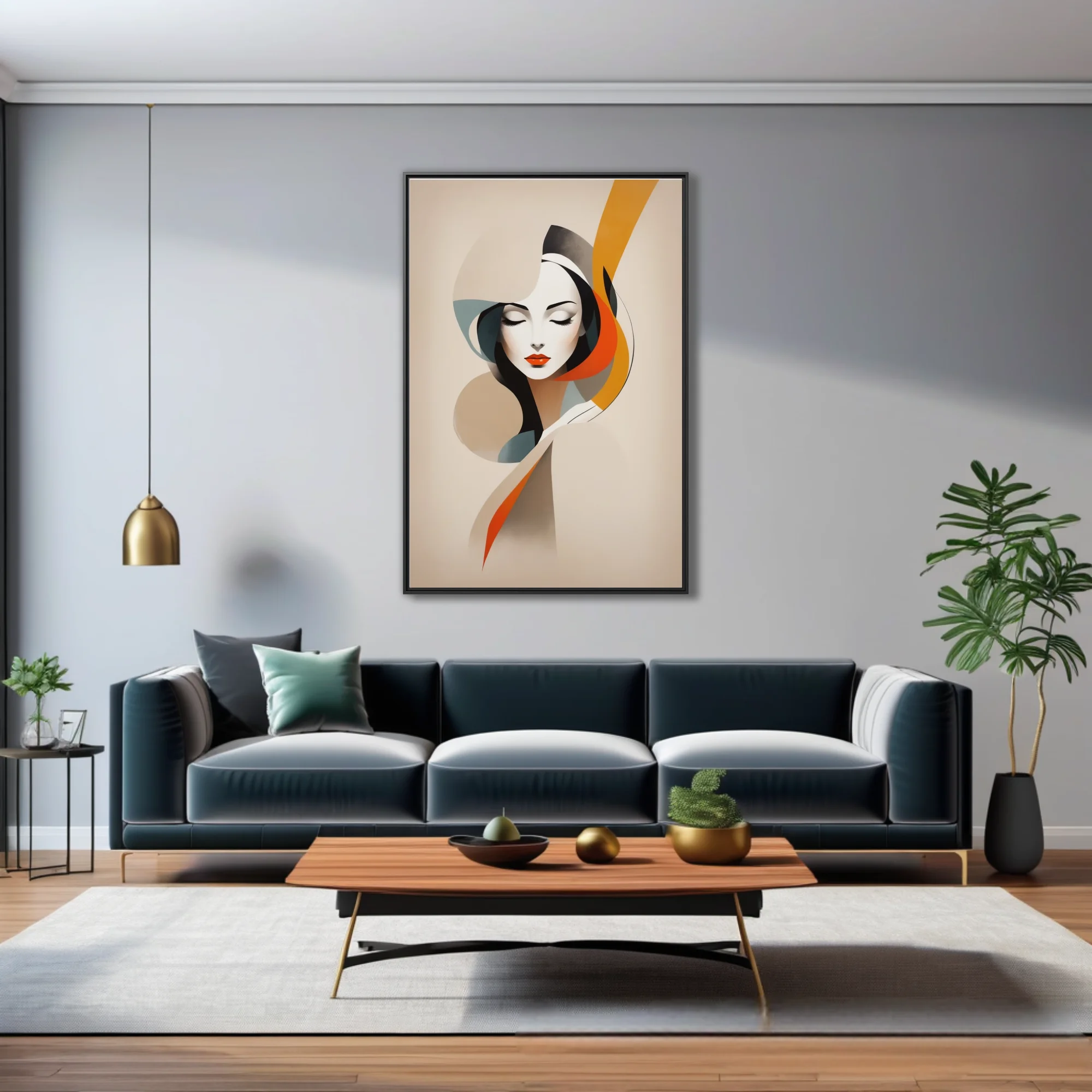 Mid-century modern abstract female portrait with bold orange and teal ribbon forms