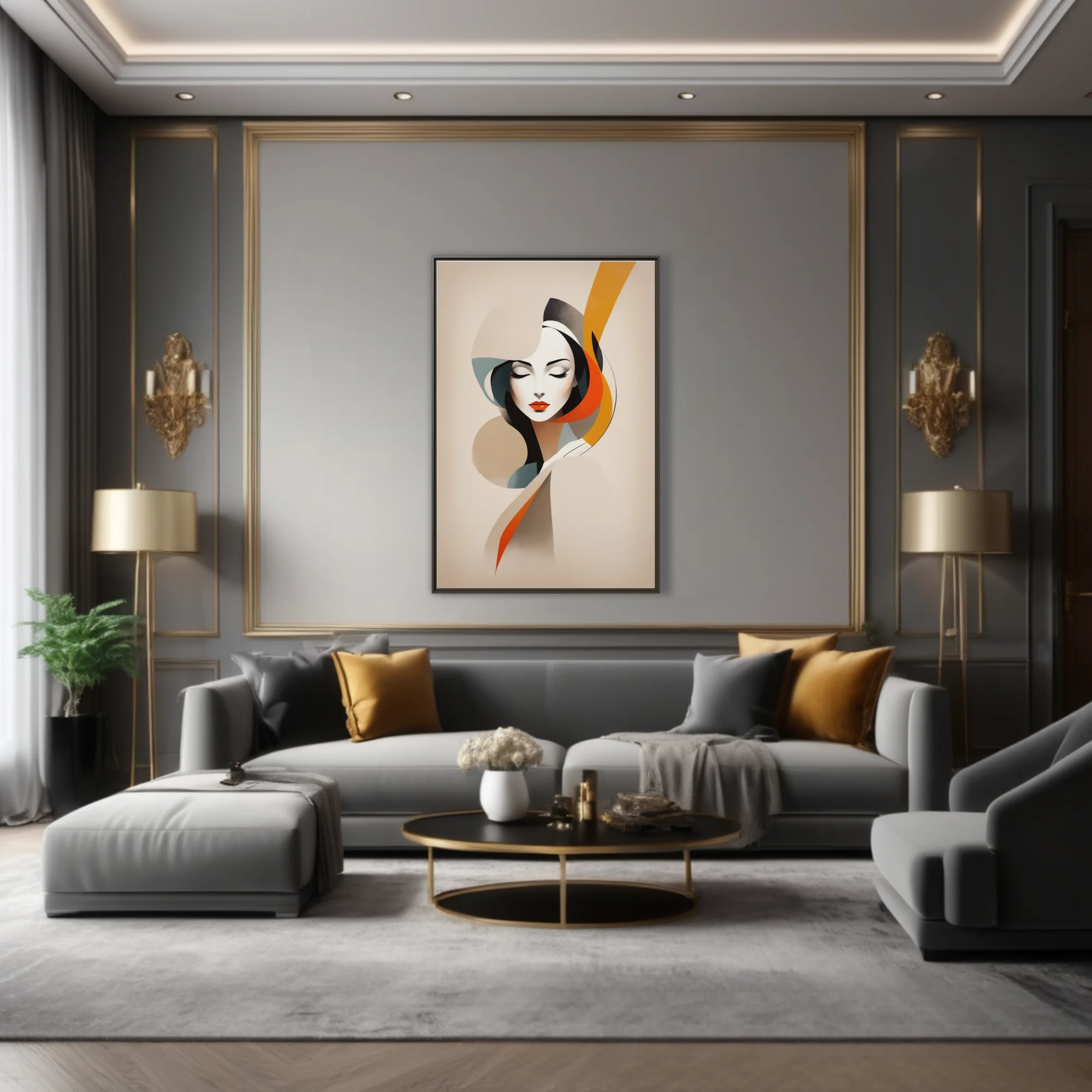 Mid-century modern abstract female portrait with bold orange and teal ribbon forms