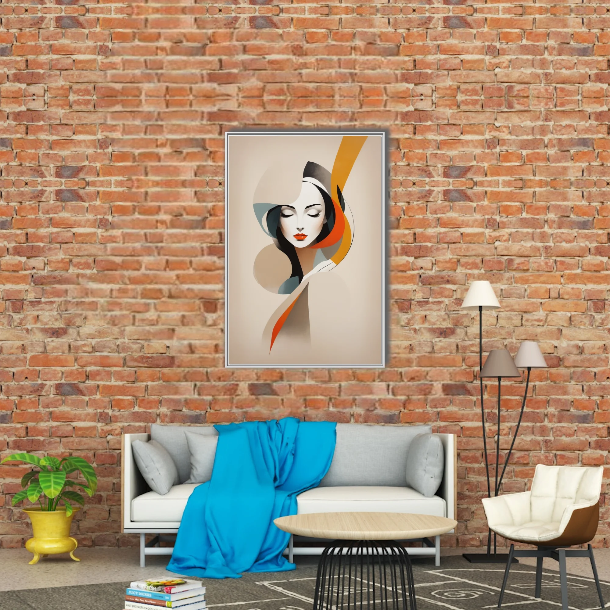Mid-century modern abstract female portrait with bold orange and teal ribbon forms
