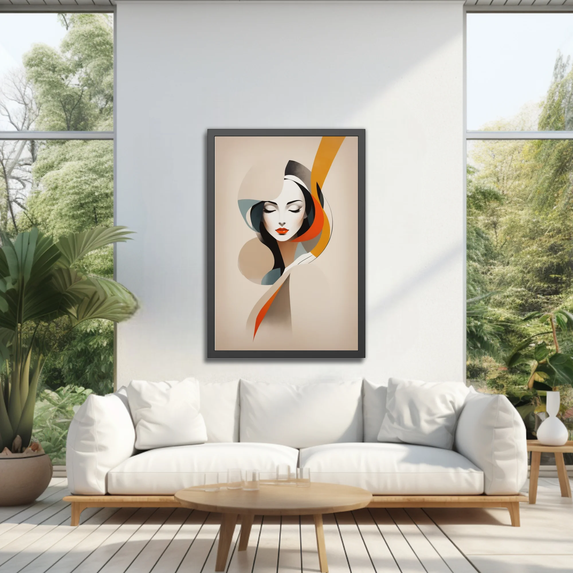 Mid-century modern abstract female portrait with bold orange and teal ribbon forms