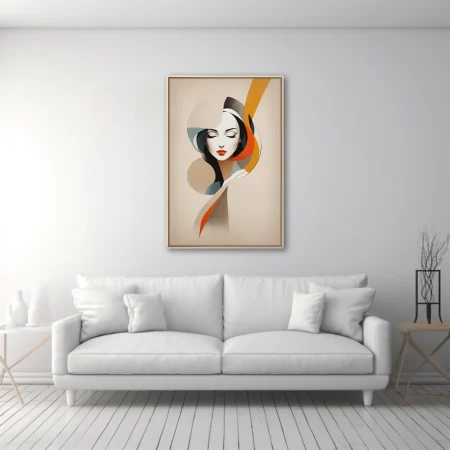 Mid-century modern abstract female portrait with bold orange and teal ribbon forms