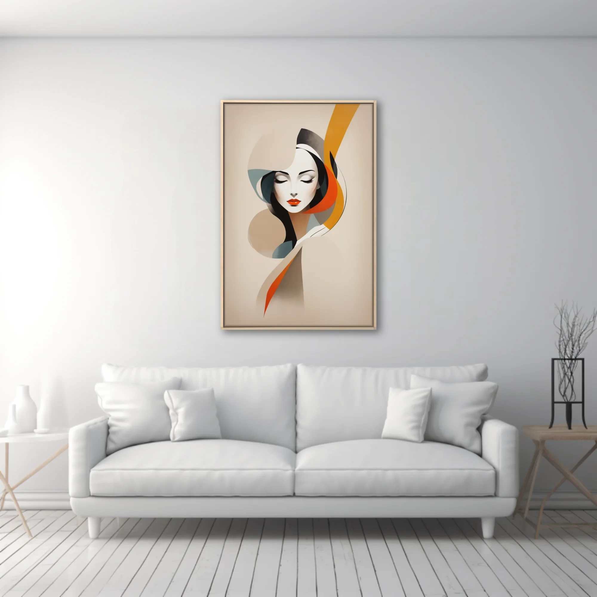 Mid-century modern abstract female portrait with bold orange and teal ribbon forms