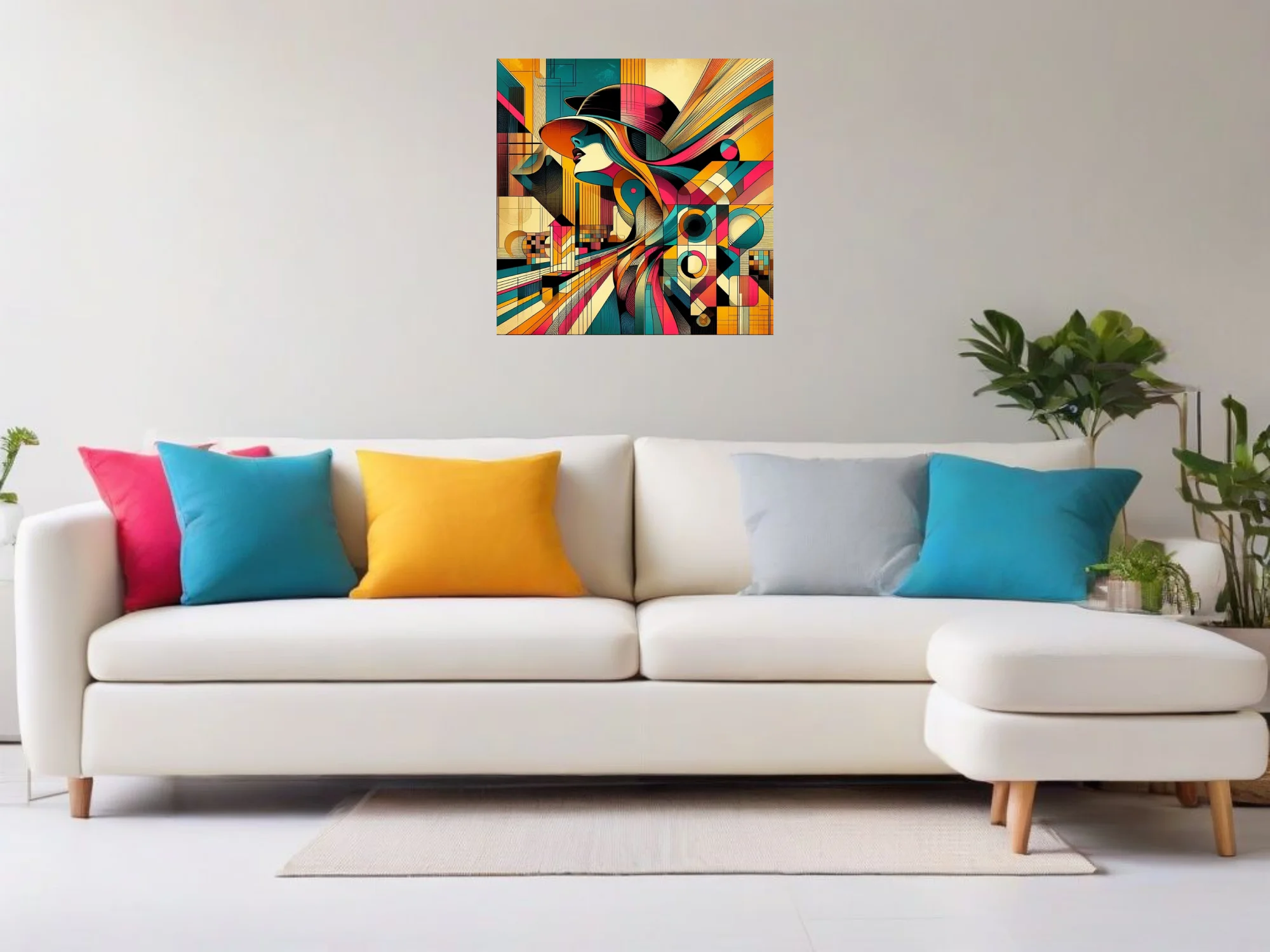 Abstract female portrait, bold geometric teal magenta amber tones