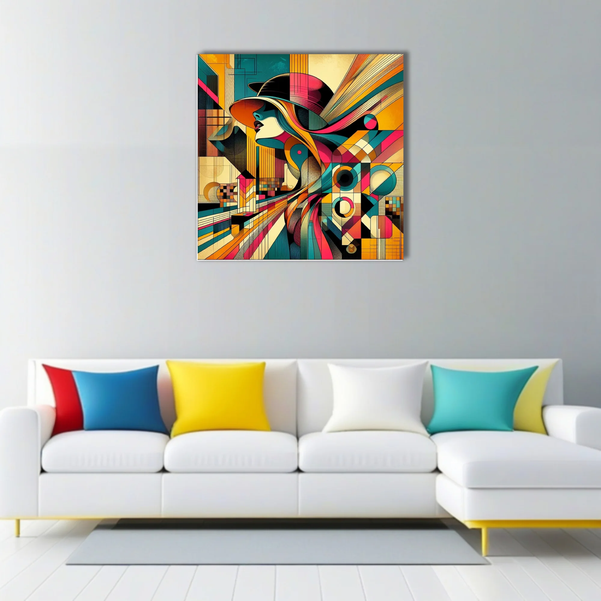 Abstract female portrait, bold geometric teal magenta amber tones