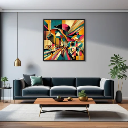 Abstract female portrait, bold geometric teal magenta amber tones