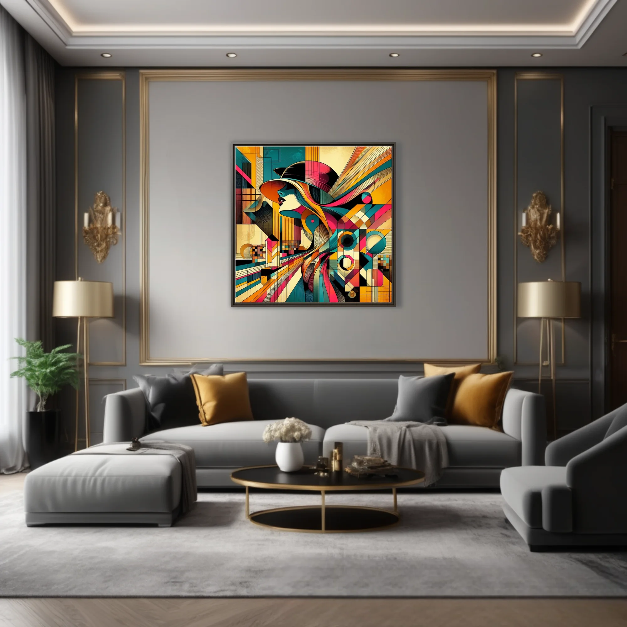 Abstract female portrait, bold geometric teal magenta amber tones