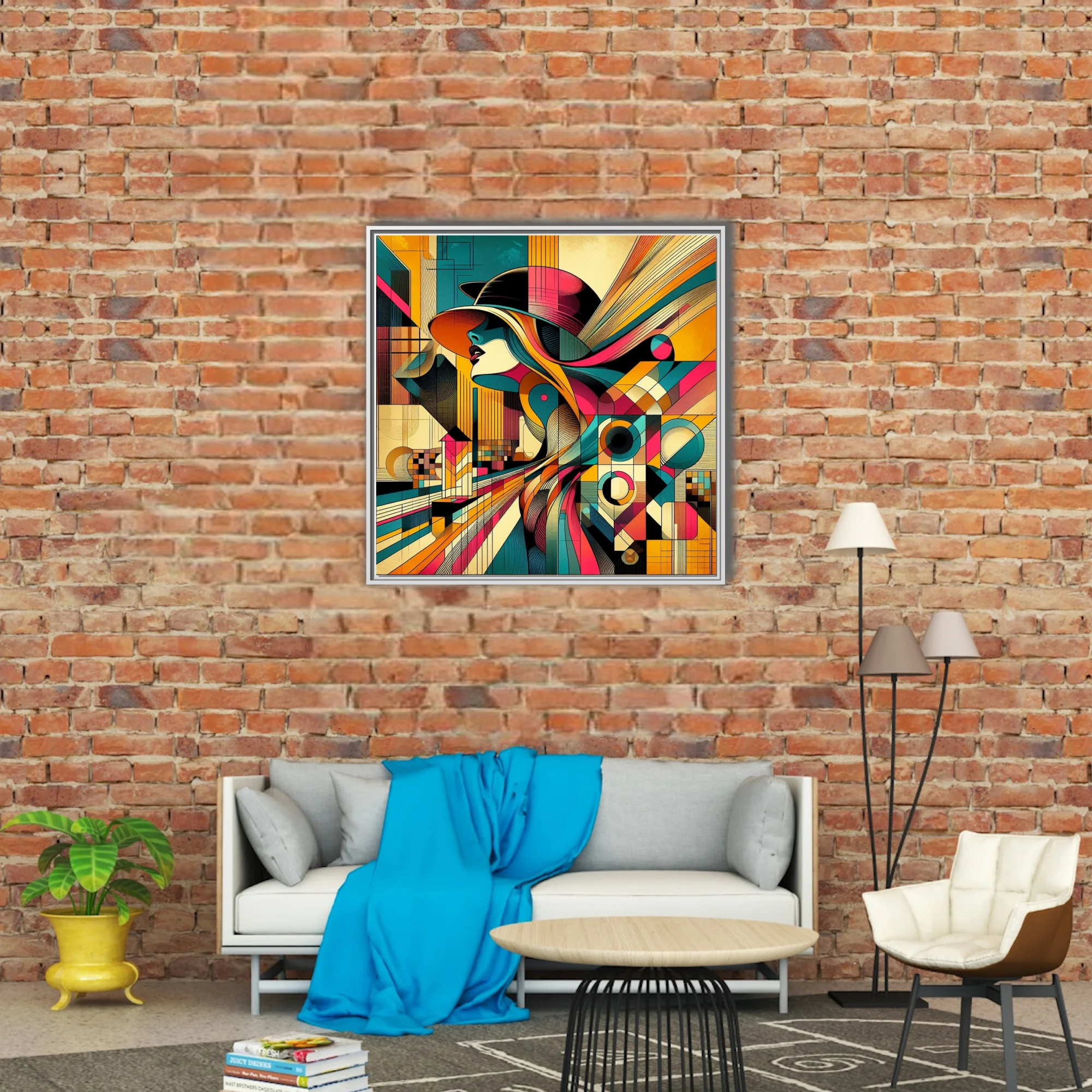 Abstract female portrait, bold geometric teal magenta amber tones