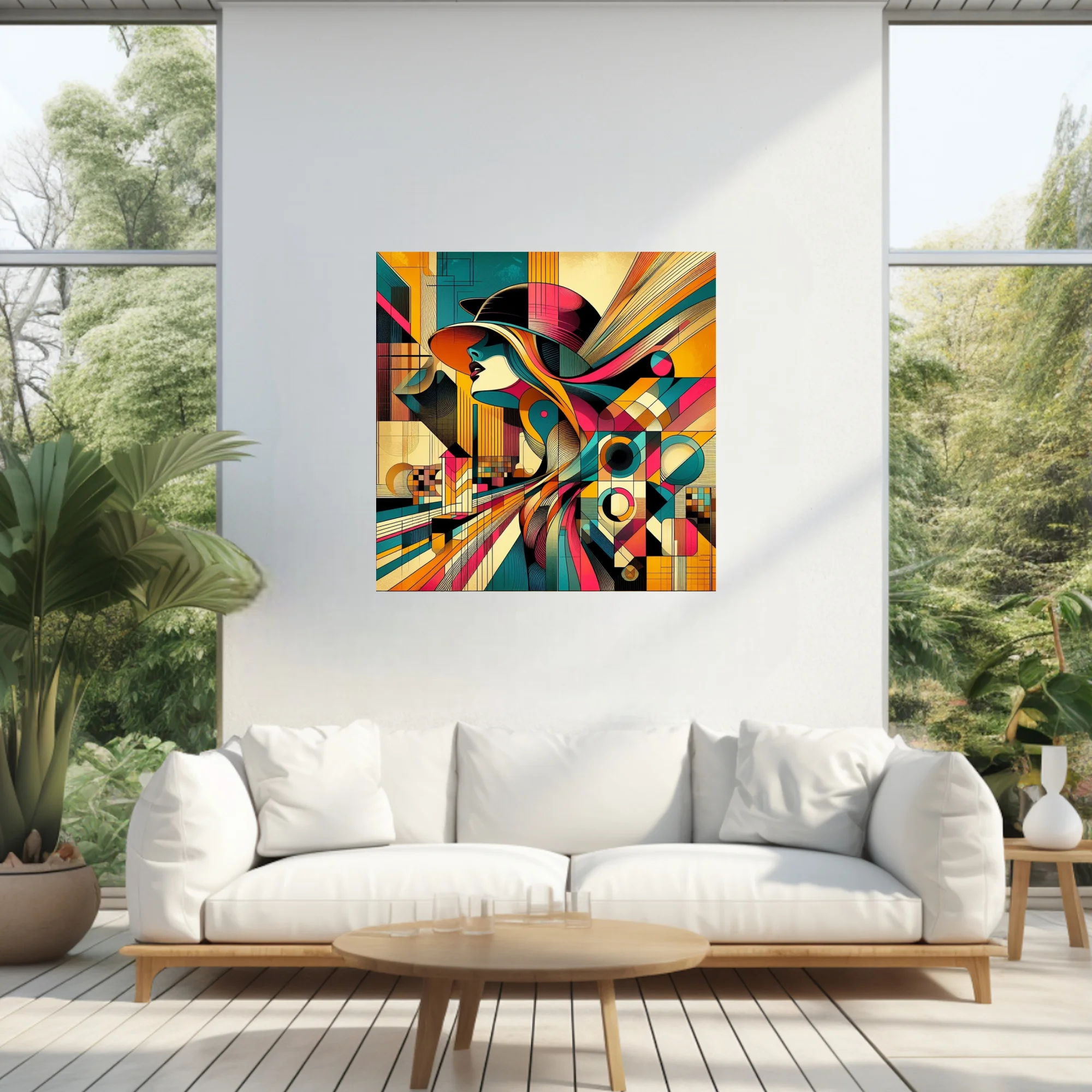 Abstract female portrait, bold geometric teal magenta amber tones