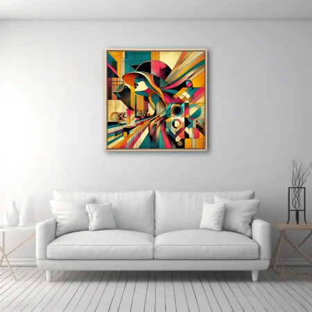 Abstract female portrait, bold geometric teal magenta amber tones