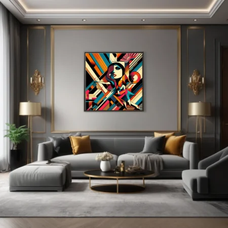 Abstract woman portrait, bold teal orange pink geometric