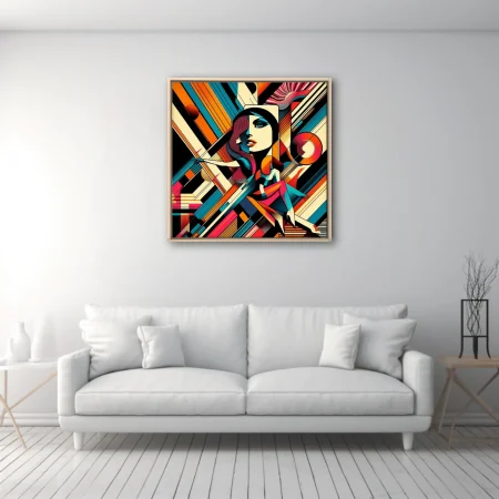 Abstract woman portrait, bold teal orange pink geometric
