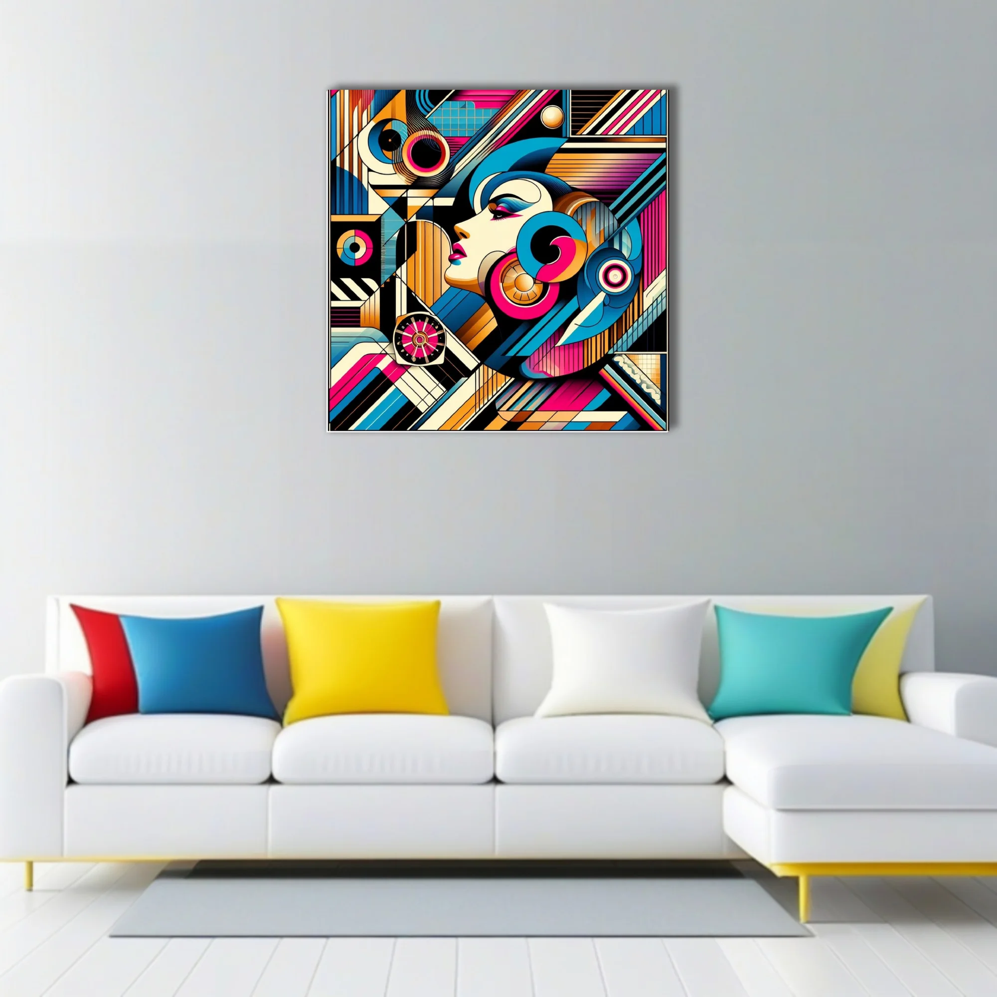 Abstract female portrait in magenta, blue, and gold geometric illustration