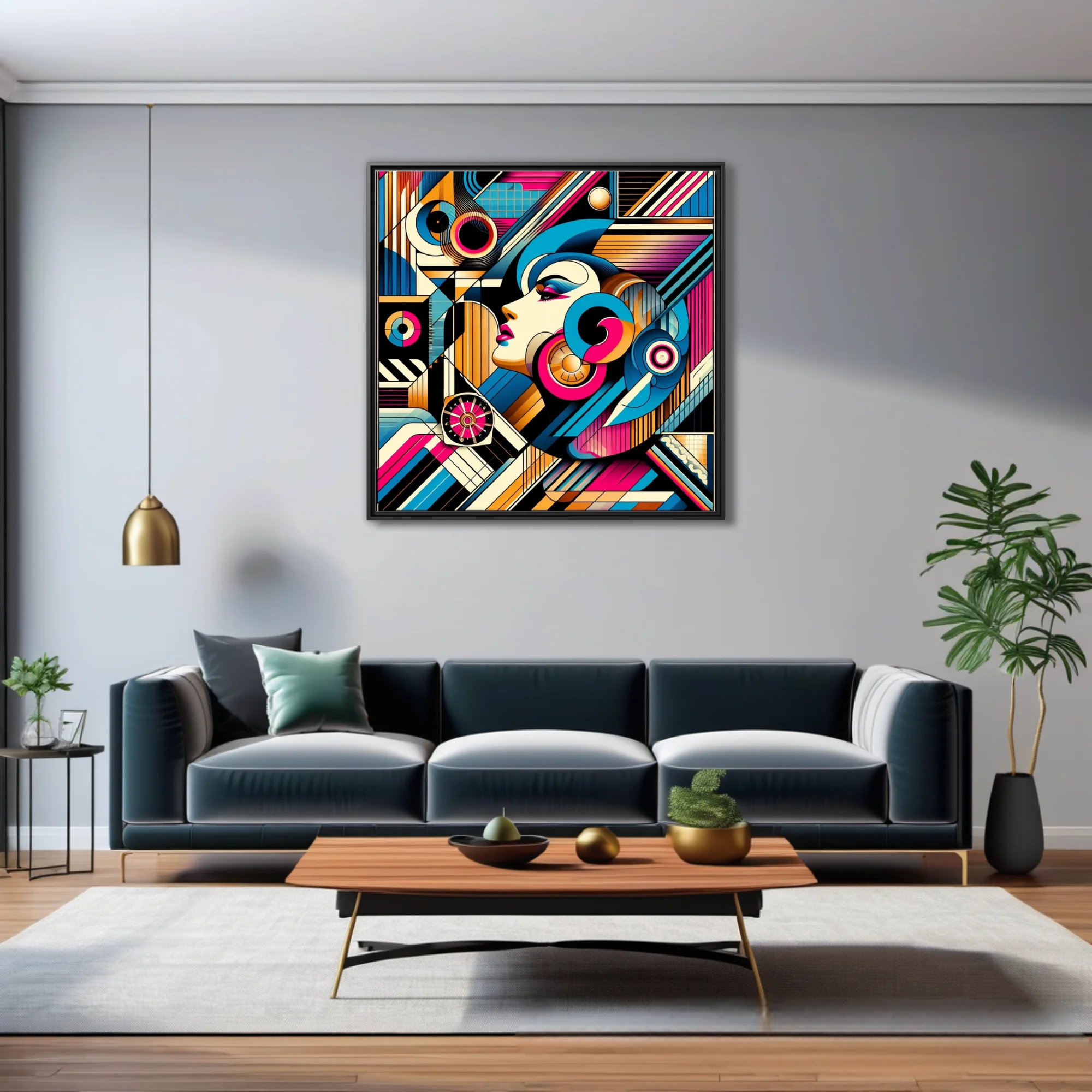 Abstract female portrait in magenta, blue, and gold geometric illustration