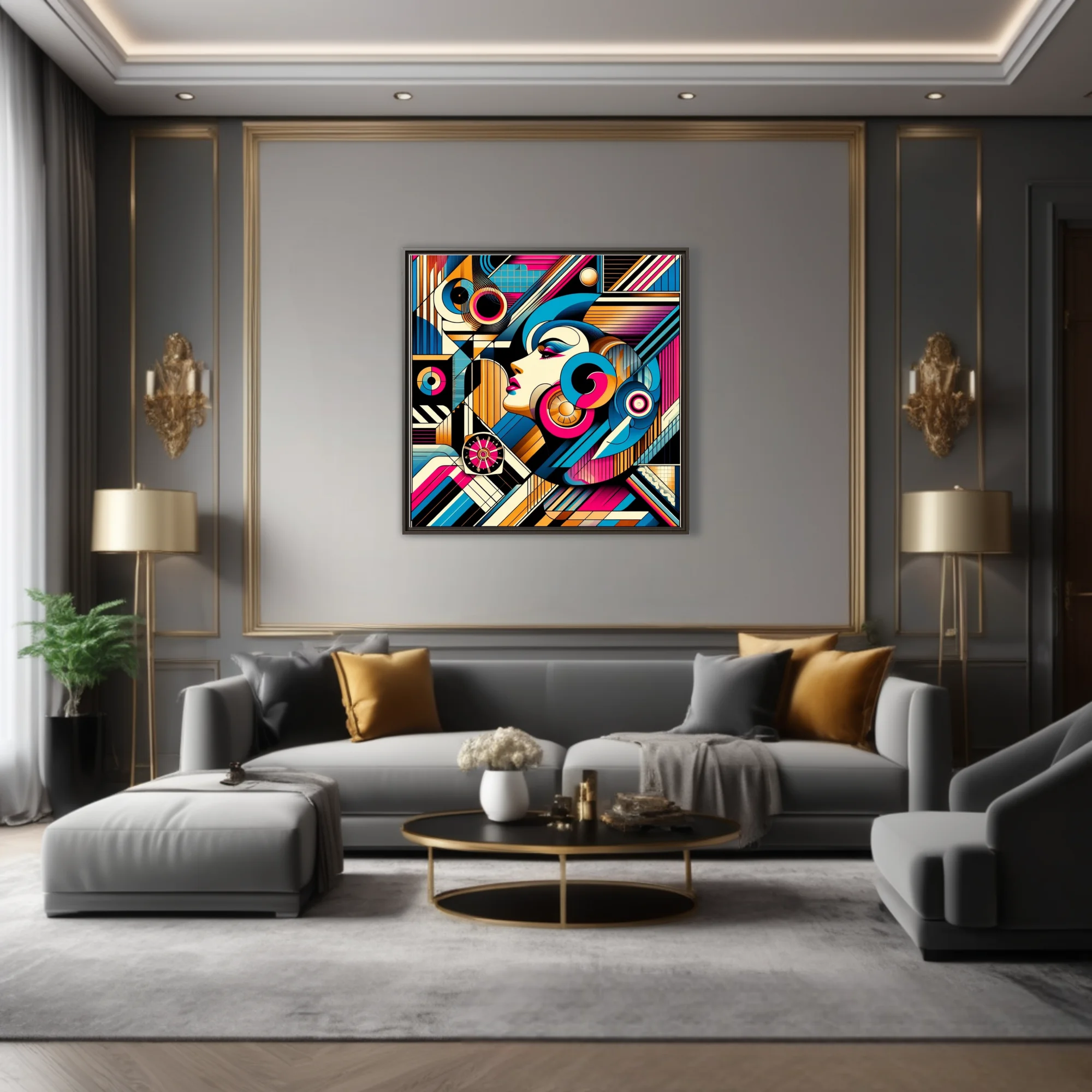 Abstract female portrait in magenta, blue, and gold geometric illustration