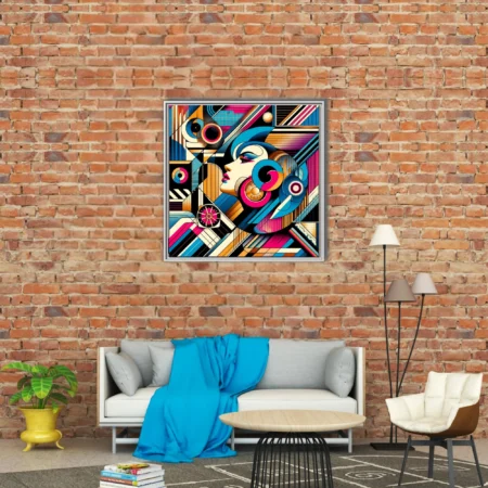 Abstract female portrait in magenta, blue, and gold geometric illustration