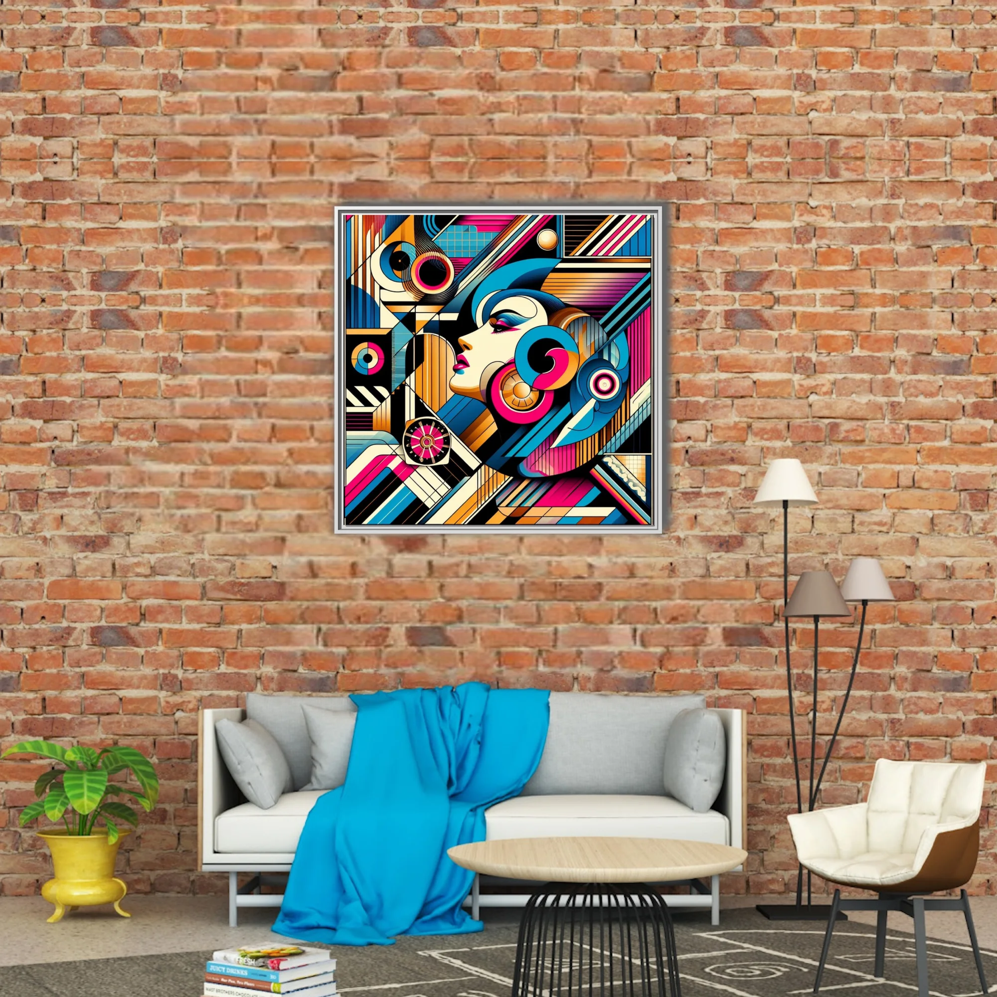 Abstract female portrait in magenta, blue, and gold geometric illustration
