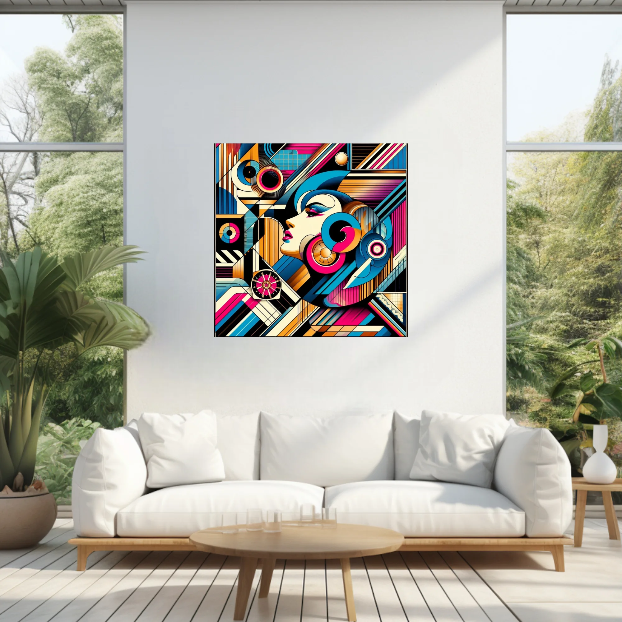Abstract female portrait in magenta, blue, and gold geometric illustration