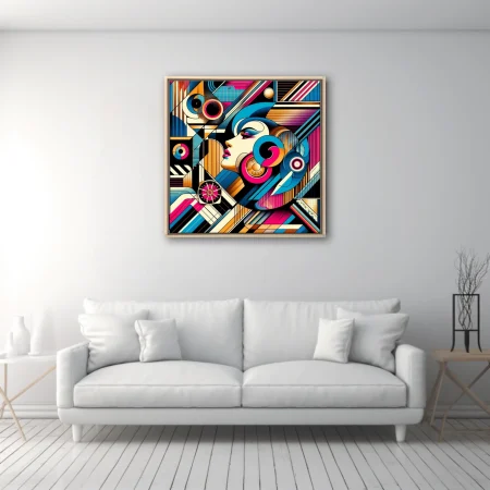 Abstract female portrait in magenta, blue, and gold geometric illustration