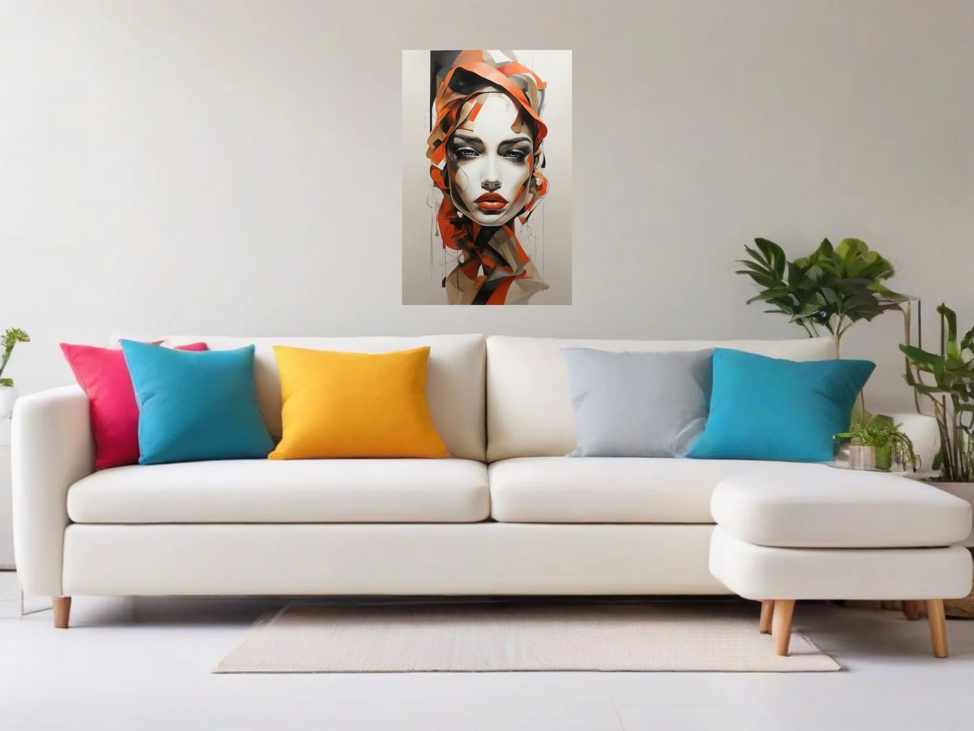 Contemporary abstract female portrait in orange, black, and ivory with bold painterly ribbons of color