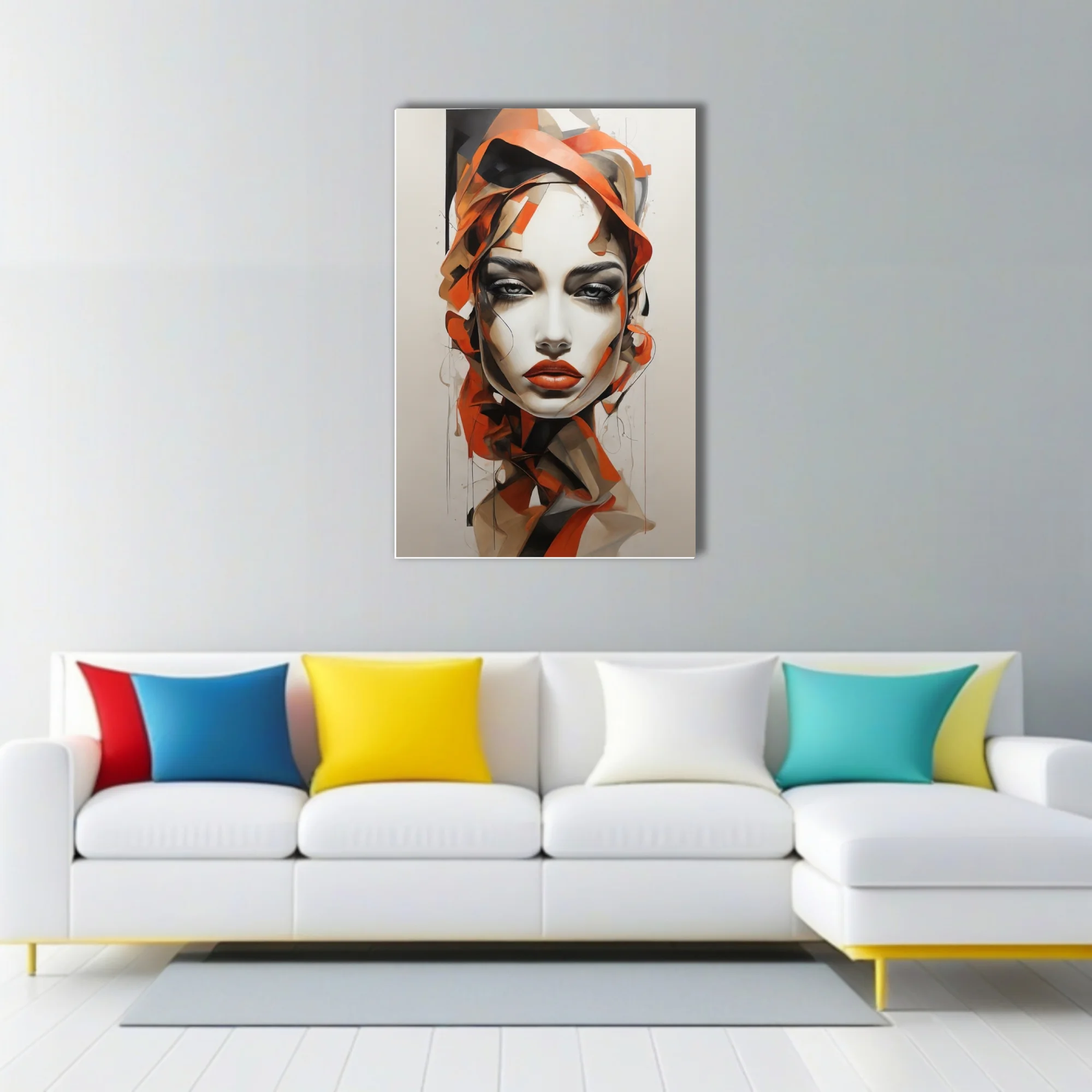Contemporary abstract female portrait in orange, black, and ivory with bold painterly ribbons of color