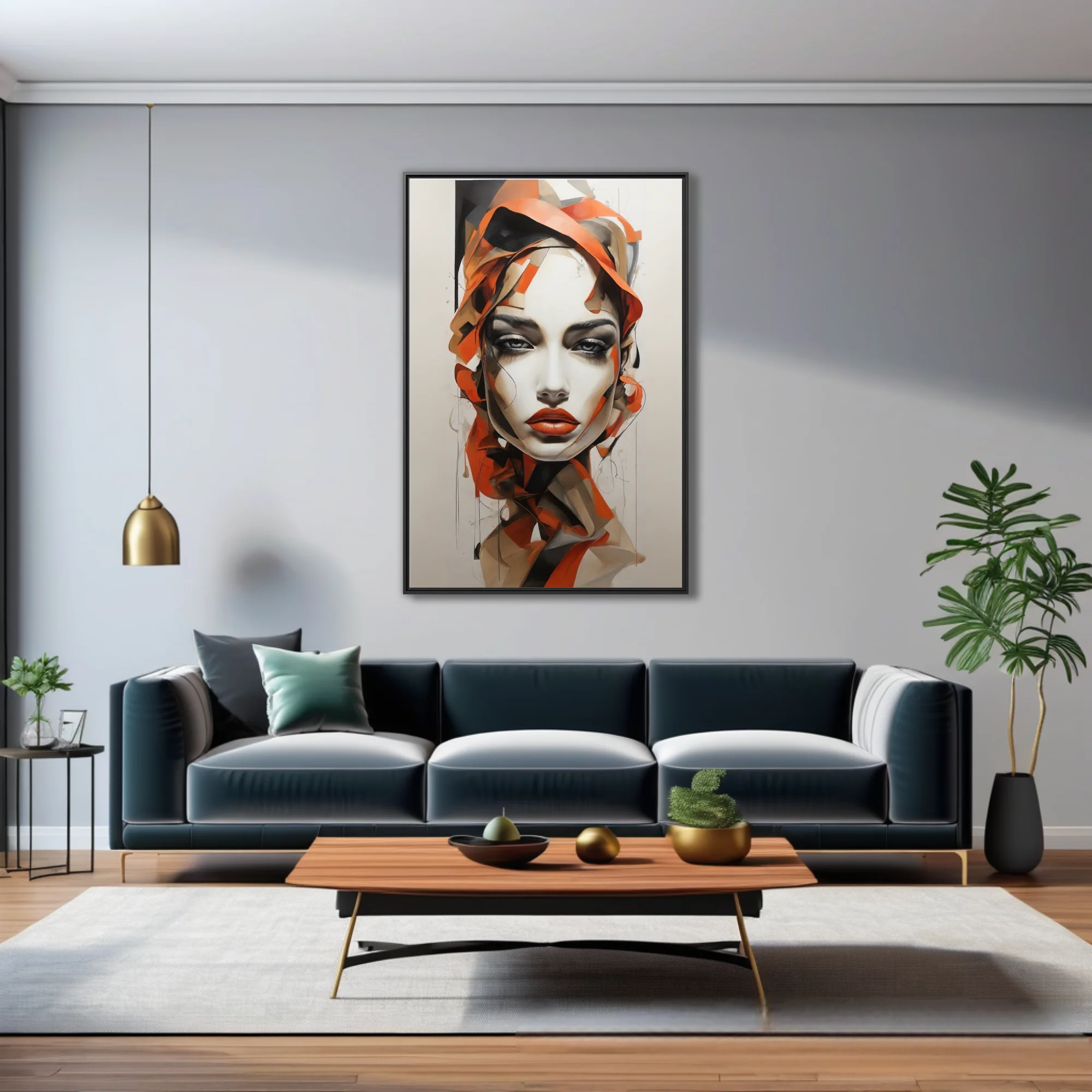 Contemporary abstract female portrait in orange, black, and ivory with bold painterly ribbons of color