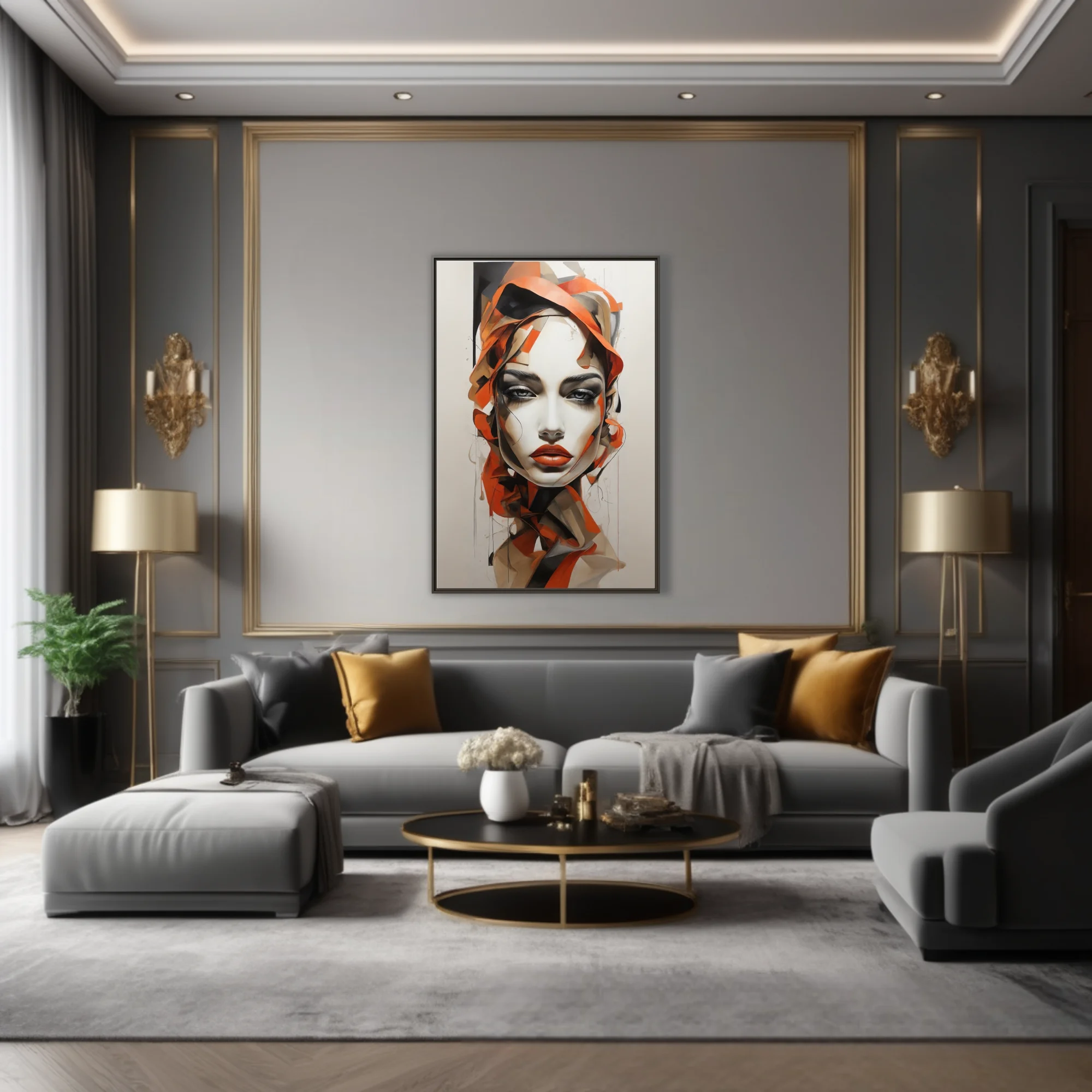 Contemporary abstract female portrait in orange, black, and ivory with bold painterly ribbons of color