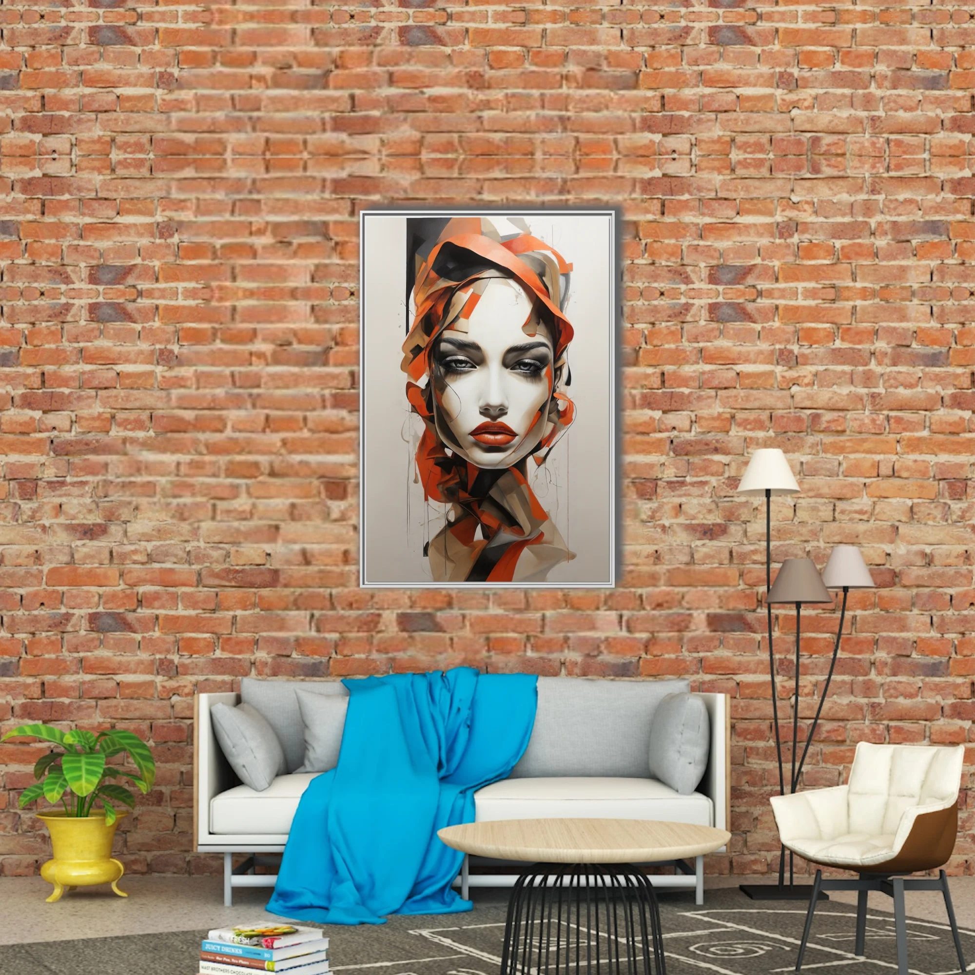 Contemporary abstract female portrait in orange, black, and ivory with bold painterly ribbons of color