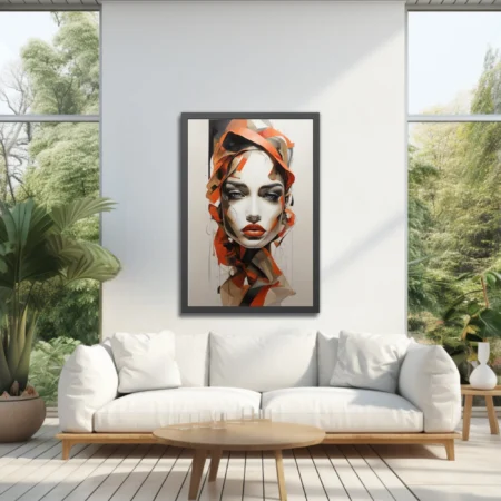 Contemporary abstract female portrait in orange, black, and ivory with bold painterly ribbons of color