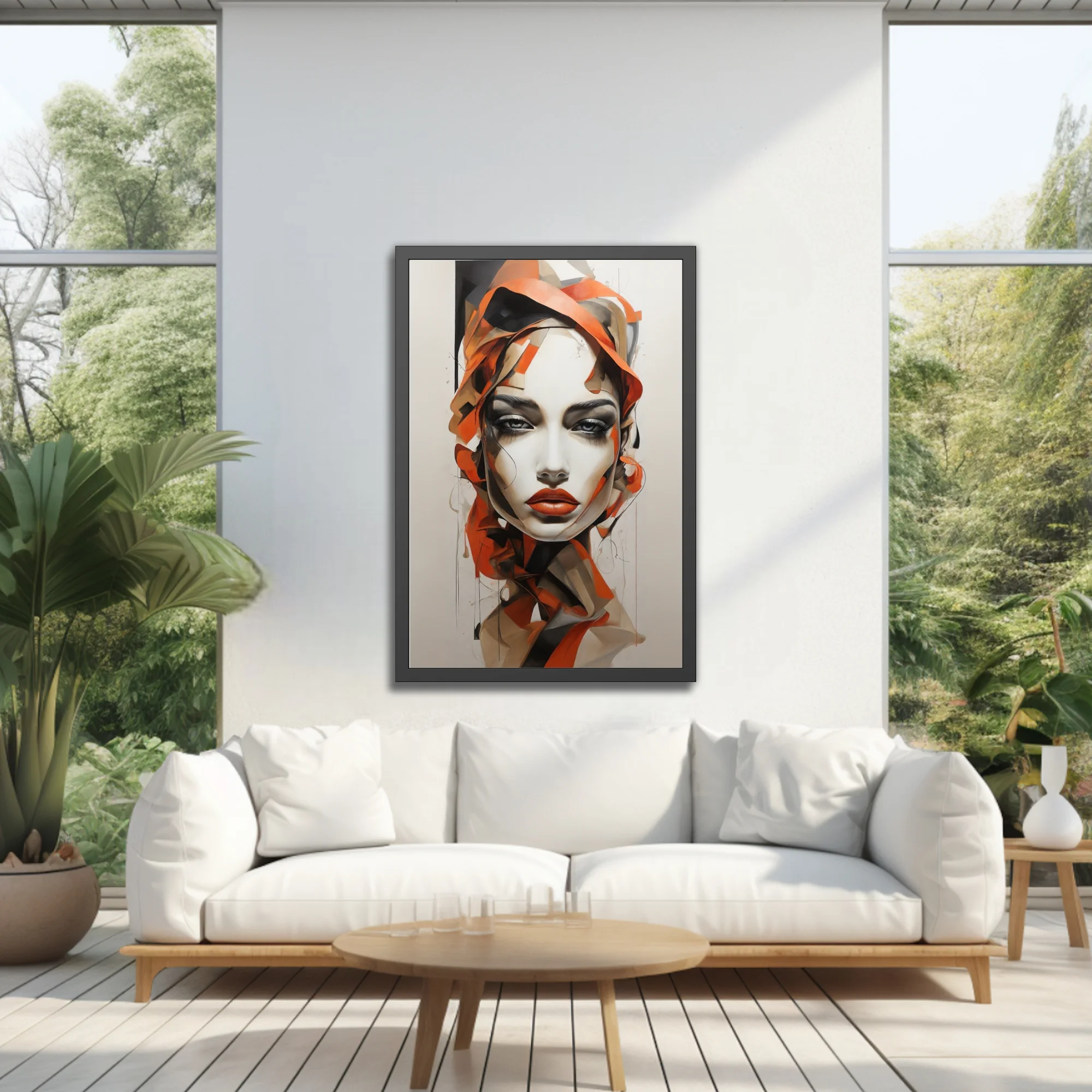 Contemporary abstract female portrait in orange, black, and ivory with bold painterly ribbons of color
