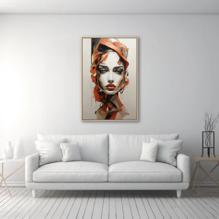 Contemporary abstract female portrait in orange, black, and ivory with bold painterly ribbons of color