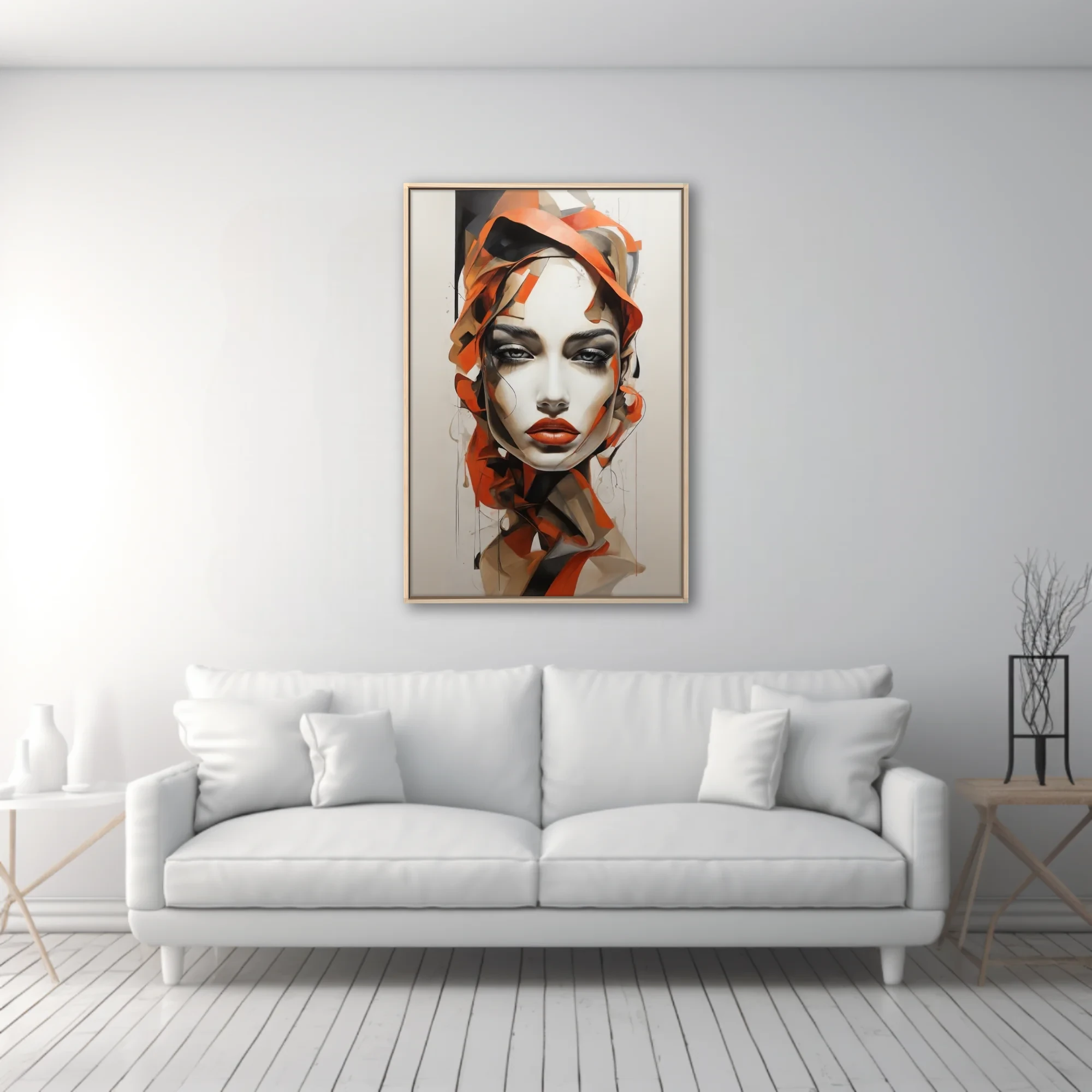 Contemporary abstract female portrait in orange, black, and ivory with bold painterly ribbons of color