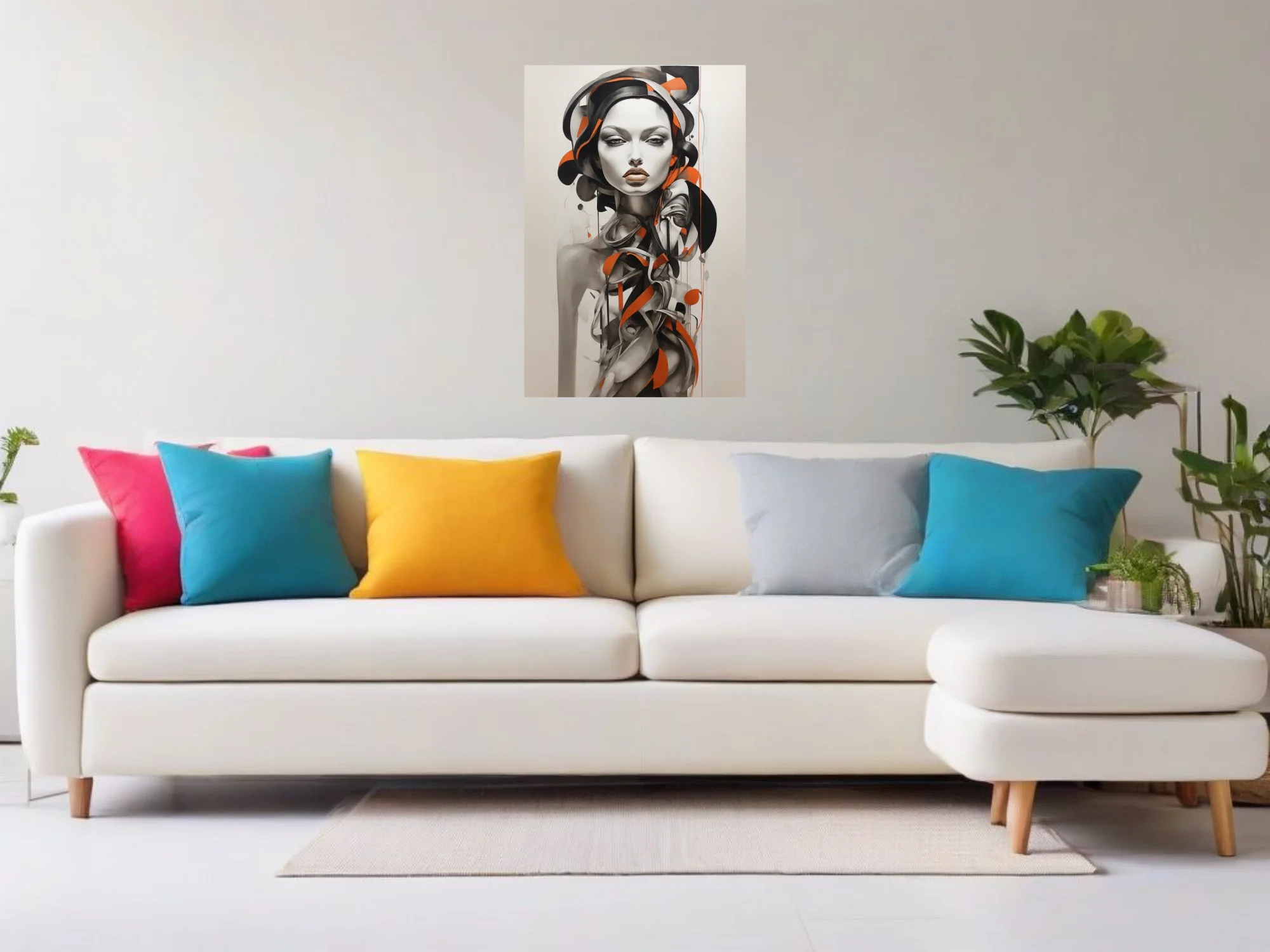 Abstract portrait of a figure in black, white and orange graphic ink-style